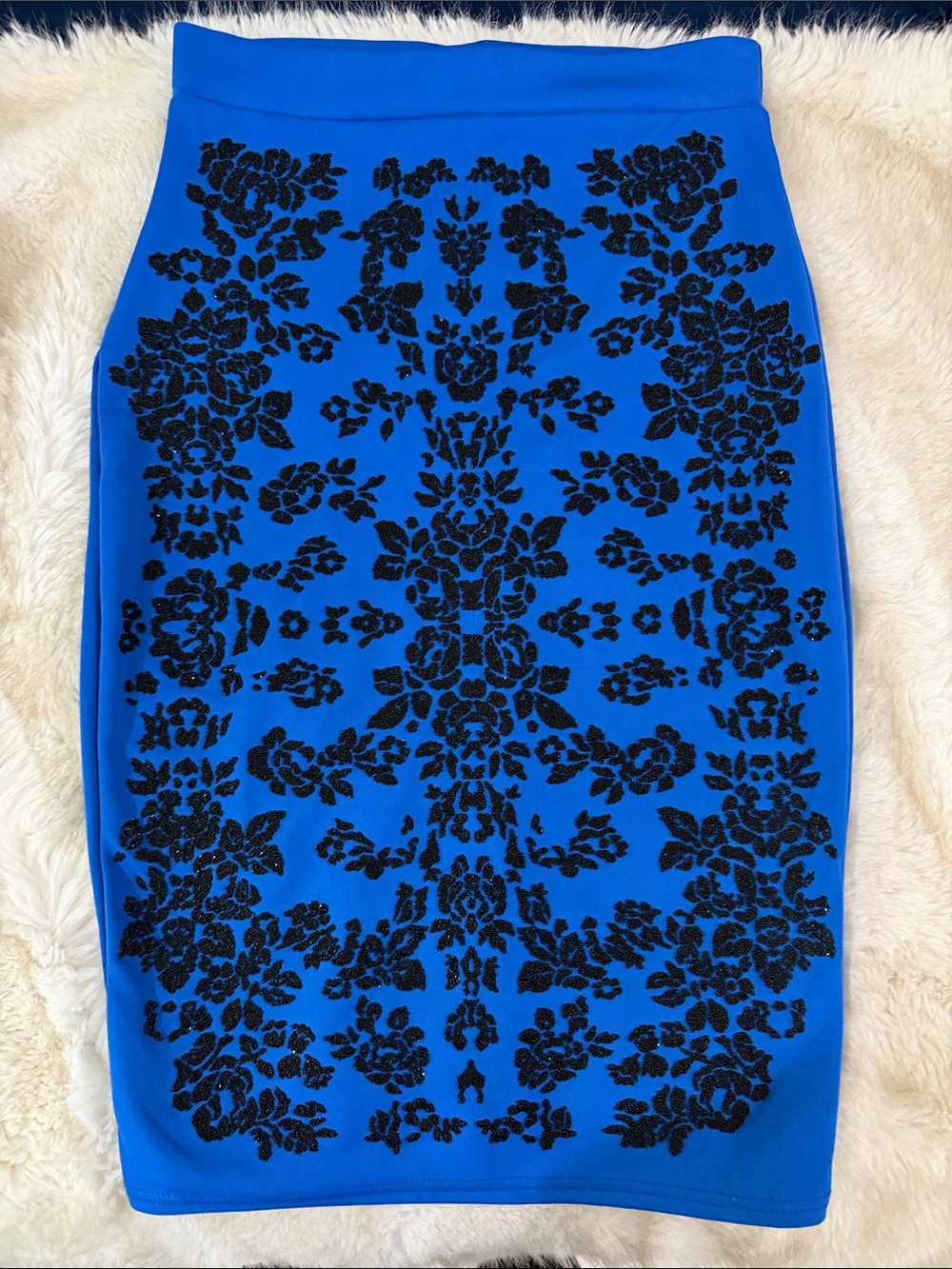 River Island Blue Midi Skirt with Black Floral Embroidery fits 6-10 very stretch